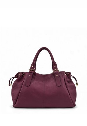 Sac à main en cuir bordeaux avec une finition texturée, deux poignées supérieures et des accents de quincaillerie dorée. Des détails à cordon sur les côtés viennent améliorer le design.