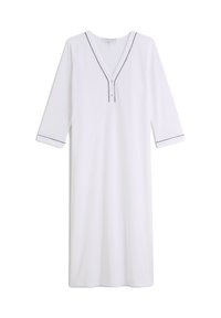 Abito bianco a ginocchio con maniche a tre quarti, scollo a V, due bottoni sul davanti e piping blu navy lungo lo scollo e le maniche. Tessuto liscio.