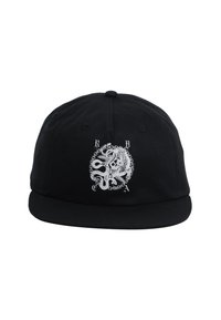Black baseball cap with a flat brim. Features a white ornate octopus graphic at the front with intricate details and text accents.