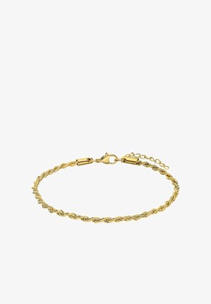 Gouden gedraaide armband met een karabijnhaak, verstelbare ketting en een gladde textuur; slank ontwerp met een gepolijste afwerking.