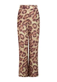 Ongelijkmotief wijde broek met een lichtgroen en bruin kleurenschema, met een soepel textuur en een hoge taille.