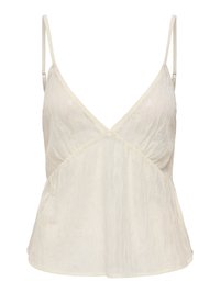 Camisole en dentelle de couleur crème avec bretelles spaghetti réglables et décolleté en V, légèrement évasée à la taille.