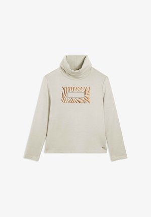Sweatshirt col roulé beige clair avec un motif rectangulaire texturé marron et beige à l'avant ; tissu doux ; coupe ample avec des manches longues.