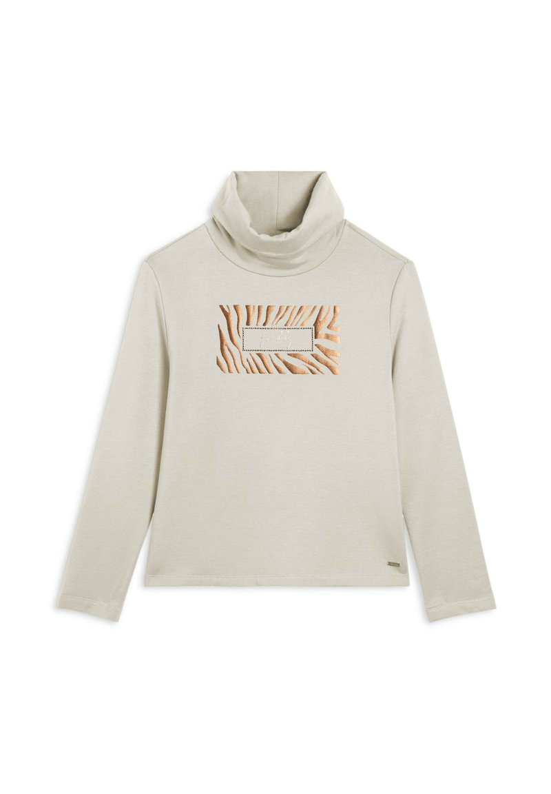 Sudadera de cuello alto en beige claro con un rectángulo de patrón texturizado en marrón y beige en el frente; tela suave; corte holgado con mangas largas.