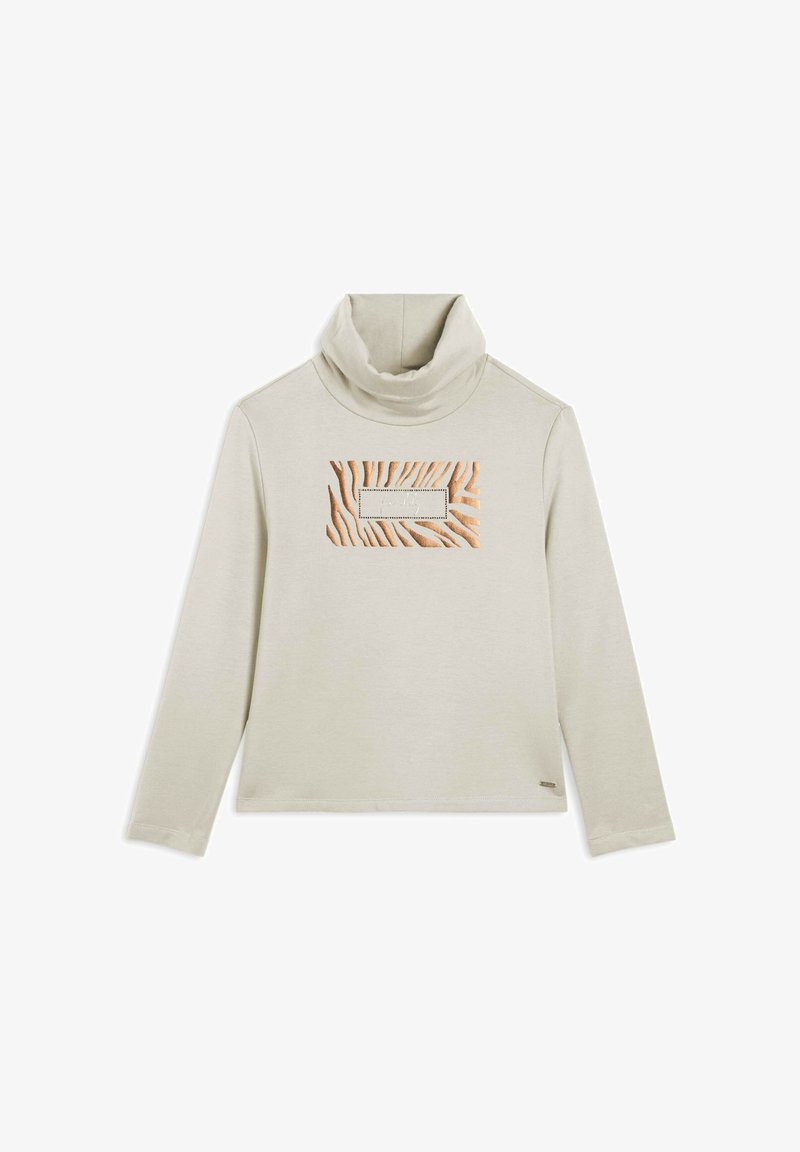 Sudadera de cuello alto en beige claro con un rectángulo de patrón texturizado en marrón y beige en el frente; tela suave; corte holgado con mangas largas.