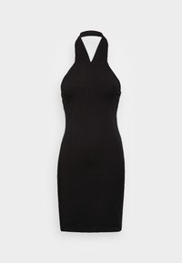 Abito nero con scollo a halter, design aderente, lunghezza al ginocchio, realizzato in tessuto morbido, con profondo scollo a V e senza motivi o decorazioni visibili.