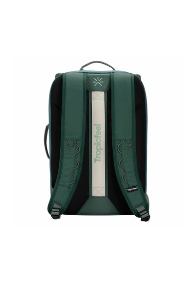 Zaino verde e nero con spallacci imbottiti regolabili, un pannello centrale bianco, logo "Tropicfeel" e design in tessuto leggero.