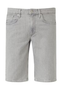 Shorts en denim gris avec une coupe droite, design à cinq poches et fermeture à bouton en métal. Texture lisse et ourlets bordés.