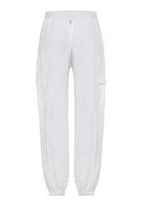 Białe spodnie cargo wykonane z lekkiej tkaniny, z elastycznymi ściągaczami, szerokim pasem i dwoma bocznymi kieszeniami cargo. Strukturalne wykończenie.