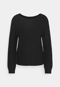 Pull noir tricoté avec un col rond, des manches longues et des poignets côtelés. Présente une coupe ample et un tissu texturé.