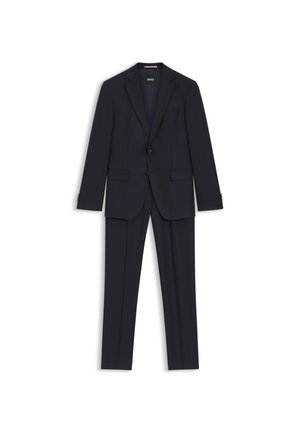 Vīriešu tumši zils pinuma divdaļīgs kostīms ar žaketi un atbilstošām biksēm, priekšpusē ar pogu aizdari un atloku apkakli ar iegriezumu.