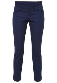 Námořnické modré kalhoty na míru s hladkou texturou, se dvěma předními kapsami a zúženým střihem. Žádné viditelné zapínání nebo ozdoby.