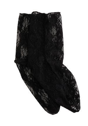 Chaussettes noires en dentelle avec motif floral et tissu transparent, conçues pour un look délicat et décoratif.