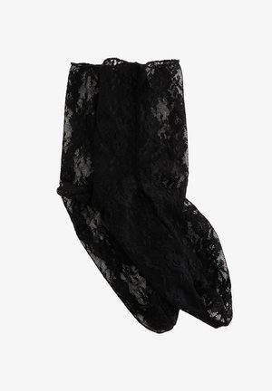 Zwarte enkelsokken van kant met bloemmotief en doorschijnende stof, ontworpen voor een delicate en decoratieve uitstraling.