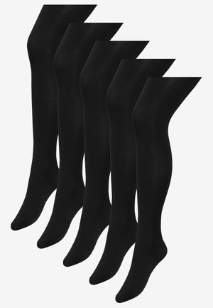 Pet parova neprozirnih crnih tajica s glatkom teksturom i bezšavnim dizajnom, koje imaju ojačane prste i stopala.