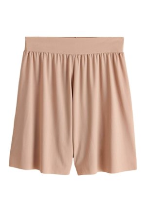 Beige gerippte Stoffshorts mit breitem elastischem Bund und lockerem, fließendem Schnitt.