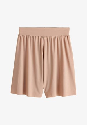 Beige gerippte Stoffshorts mit breitem elastischem Bund und lockerem, fließendem Schnitt.