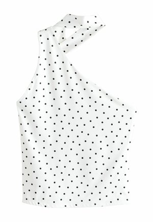 Weißes Stofftanktop mit schwarzen Punkten, das ein asymmetrisches Trägerdesign und eine glatte, leichte Textur aufweist.