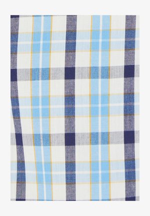 Katoenen stof met een blauw en marineblauw ruitpatroon met witte en gele accenten. Gestructureerde weving met afwisselend grote en kleine ruiten.