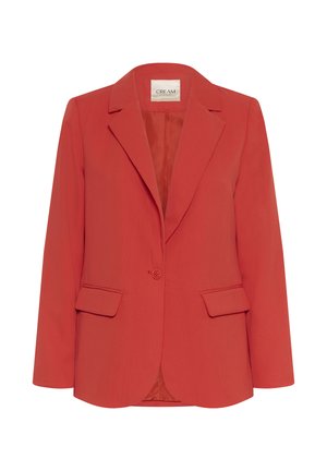 Egysoros vörös blézer, notch gallérral és hajtókás zsebekkel, bélelt belső, testhezálló fazon.