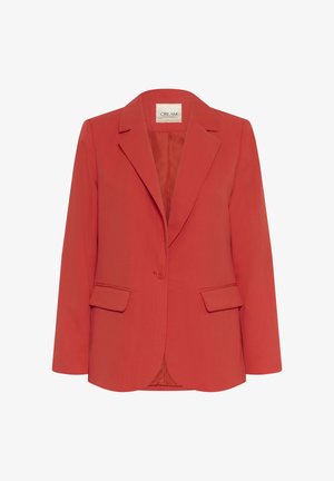 Yksinäinen nappi punainen bleiseri, jossa on notched-kaulus ja läpälliset taskut, vuorattu sisäosa, räätälöity istuvuus.