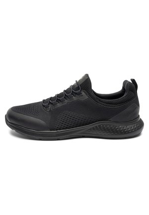 Schwarzer leichter Sportschuh mit Mesh-Obermaterial, Schnürverschluss, gepolsterter Sohle und Zuglasche an der Ferse.