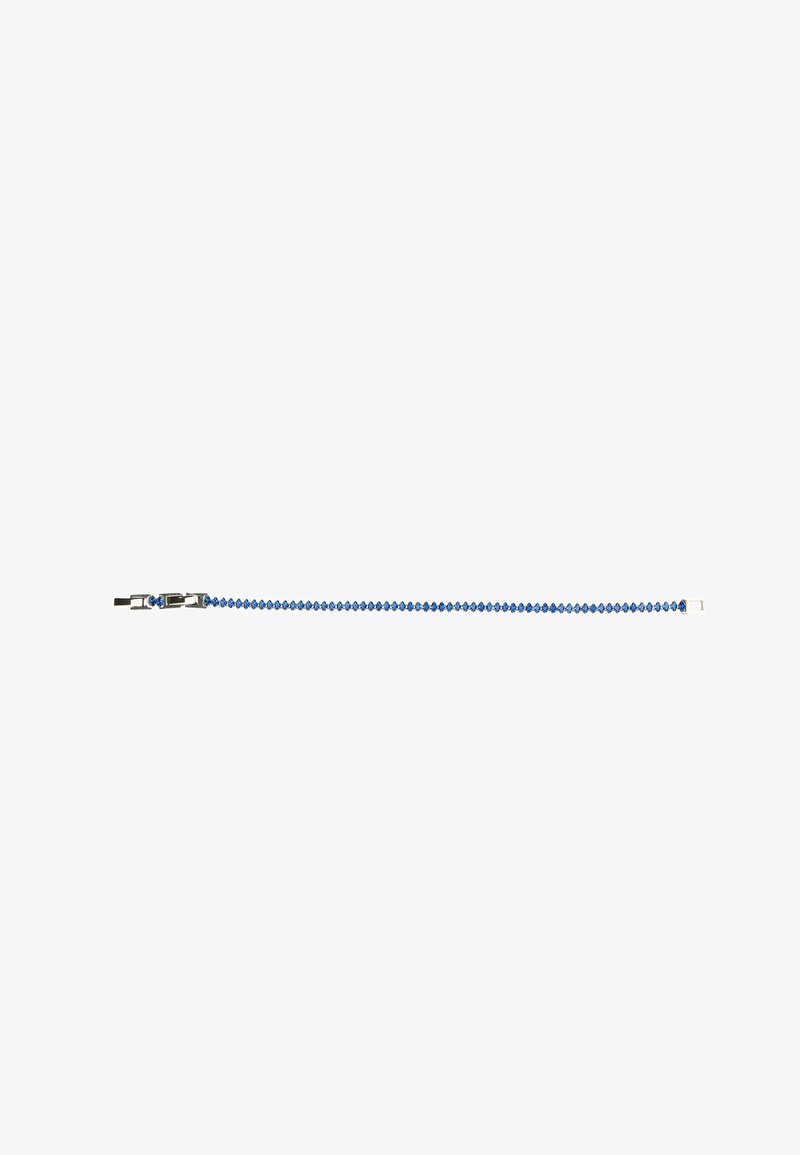 Bracciale di perline blu con una delicata catena e chiusura in metallo. Presenta perline sfaccettate equidistanti, creando un effetto scintillante.