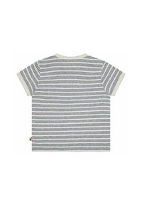 Maglietta a righe con uno sfondo crema chiaro e righe orizzontali blu scuro. Maniche corte, collo rotondo e un piccolo etichetta colorata sull'orlo.