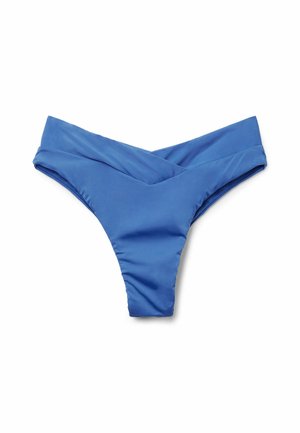 Blauer Bikini-Höschen mit glatter Textur, ausgestattet mit einem Überkreuzdesign am Bund und einem minimalistischen, stringartigen Schnitt.