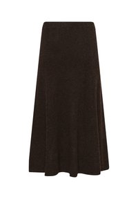 Rjava pletena krilna obleka s širokim krojem, ki ima gladko teksturo in elastičen pas za udobje. Brez vidnih vzorcev ali okrasitev.