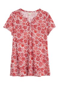 Blusa rossa a maniche corte con motivo floreale bianco, scollatura a V e vestibilità ampia. Realizzata in tessuto leggero, ideale per il clima caldo.