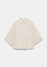 Beige, loose-fit button-up shirt with wide sleeves and a chest pocket, shown on a plain light background.