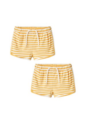 Striped swim shorts in yellow and white, featuring an elastic waistband with a drawstring, and side pockets with a soft fabric texture.
