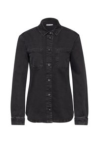 Svart denimskjorta med långa ärmar, knäppning, två bröstfickor och spridd krage. Mjuk textur och något urblekt finish.