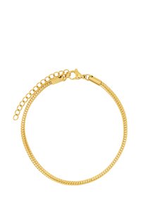Gold chain bracelet featuring two intertwined links, a lobster clasp closure, and an adjustable length with a chain extension.