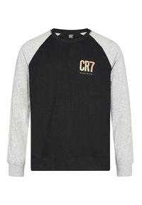 Felpa nera con maniche raglan grigie, caratterizzata da un piccolo logo dorato "CR7 NIGHTWEAR" sul petto. Realizzata in tessuto morbido.