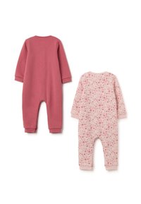 Due bodysuit per neonati: uno di un rosso rosa uniforme con maniche lunghe e uno rosa chiaro con un motivo floreale, entrambi con polsini e colli a costine.