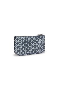 Borsa con zip di colore blu navy con un motivo geometrico grigio chiaro. Realizzata in materiale sintetico, presenta una superficie liscia e accessori in argento.