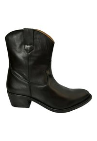 Botas de vaquero de cuero negro con punta ligeramente puntiaguda, tacón bajo y acentos de costura. Cuenta con una tira de tirón para facilitar su uso.