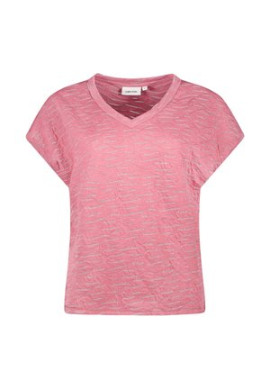 Roze V-hals t-shirt met korte mouwen, voorzien van een textuurpatroon van zilveren lijnen over de stof. Lichtgewicht en casual ontwerp.