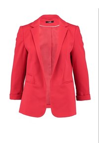 Blazer rouge en tissu texturé, avec un boutonnage simple à l'avant, des revers crantés et deux poches avant. Les manches sont retroussées.