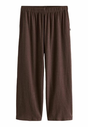Pantaloni larghi marroni con vita elastica realizzati in un morbido tessuto testurizzato. Presentano tasche laterali e una vestibilità comoda, adatti per un abbigliamento casual.