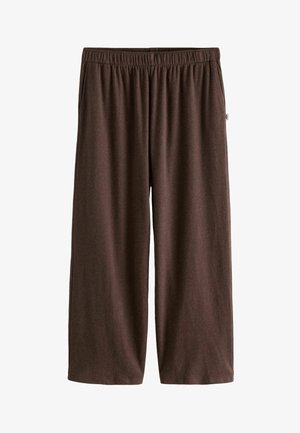 Brown, wide-leg, elastic-waist pants made of soft, textured fabric. Features side pockets and a relaxed fit, suitable for casual wear.