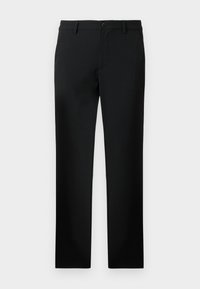 Schwarze gerade geschnittene Hose mit Gürtelschlaufen, vorderem Knopf- und Reißverschluss sowie seitlichen Taschen.
