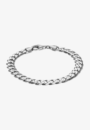 Sølvfarvet metalarmbånd med sammenkoblede flade led, en glat overflade og en sikker lobster clasp lukning.