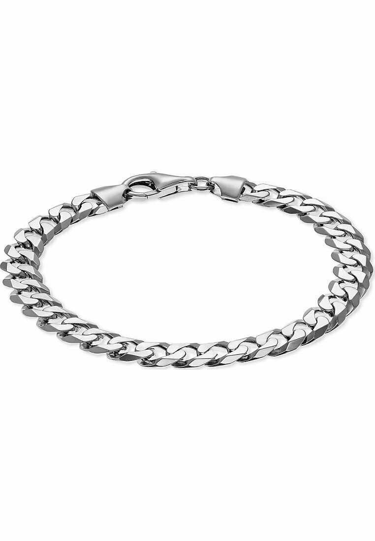 Silverfärgad metallarmband med sammanlänkade platta länkar, en jämn yta och en säker krokfäste.