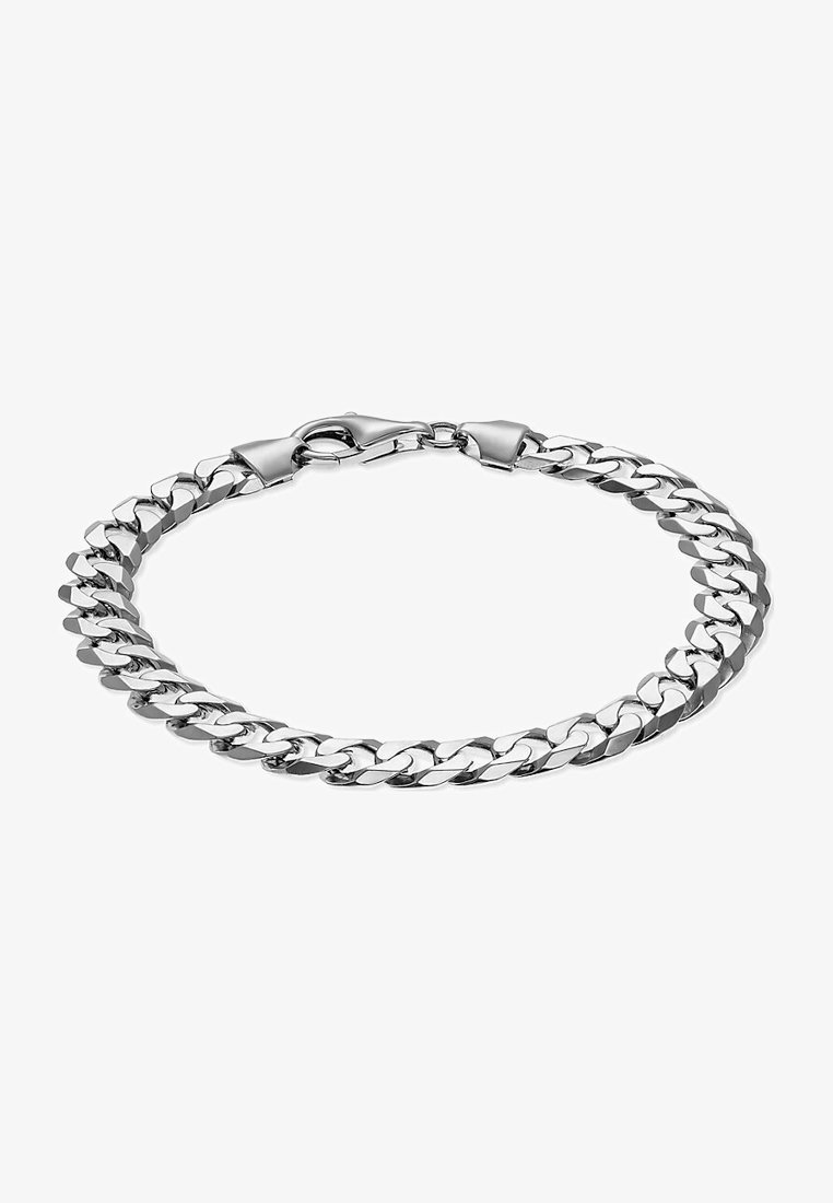 Silverfärgad metallarmband med sammanlänkade platta länkar, en jämn yta och en säker krokfäste.