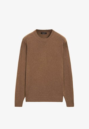 Brown long-sleeve crew neck sweater made of soft knit material with ribbed cuffs and hem.