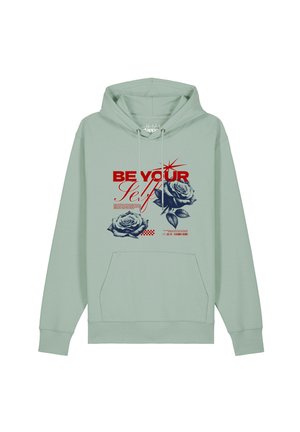 Lichtgroene hoodie met voorzak, rode tekst "BE YOUR Self," en twee gedetailleerde blauwe rozenillustraties op de borst.