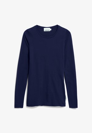 Maglietta a maniche lunghe blu navy in un tessuto morbido, con scollatura rotonda e bordi rifiniti, e un'etichetta sulcollo posteriore.